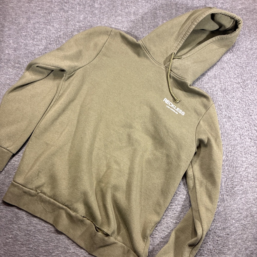 Young & Reckless Hoodie Men Medium Olive Green Distressed Graphic Pullover Holes